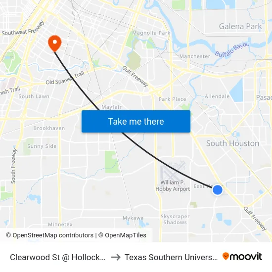 Clearwood St @ Hollock St to Texas Southern University map