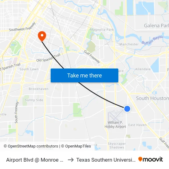Airport Blvd @ Monroe Rd to Texas Southern University map