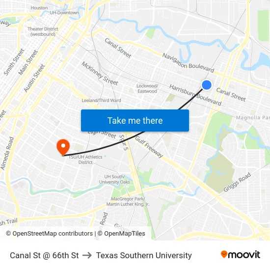 Canal St @ 66th St to Texas Southern University map