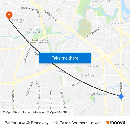 Bellfort Ave @ Broadway St to Texas Southern University map