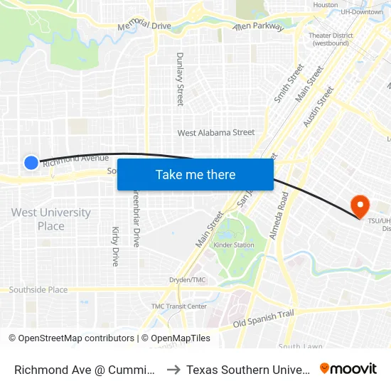 Richmond Ave @ Cummins St to Texas Southern University map