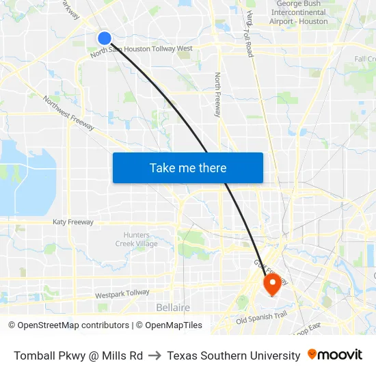 Tomball Pkwy @ Mills Rd to Texas Southern University map