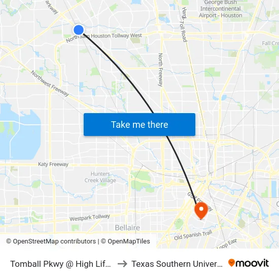 Tomball Pkwy @ High Life Dr to Texas Southern University map