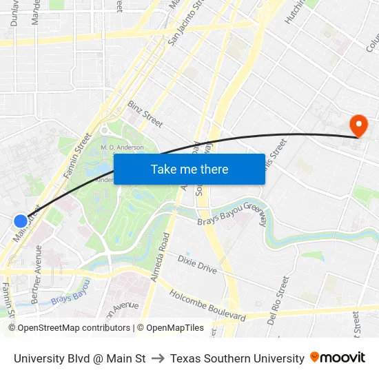 University Blvd @ Main St to Texas Southern University map