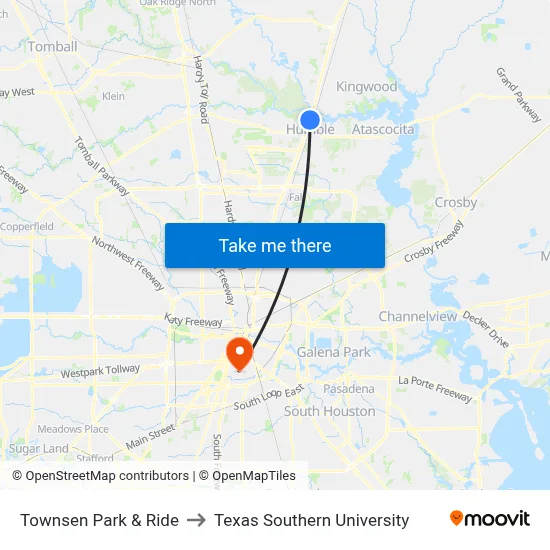 Townsen Park & Ride to Texas Southern University map