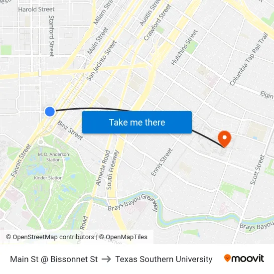 Main St @ Bissonnet St to Texas Southern University map