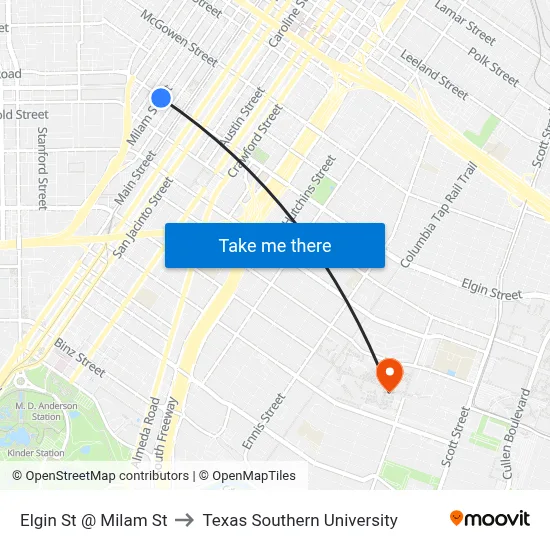 Elgin St @ Milam St to Texas Southern University map