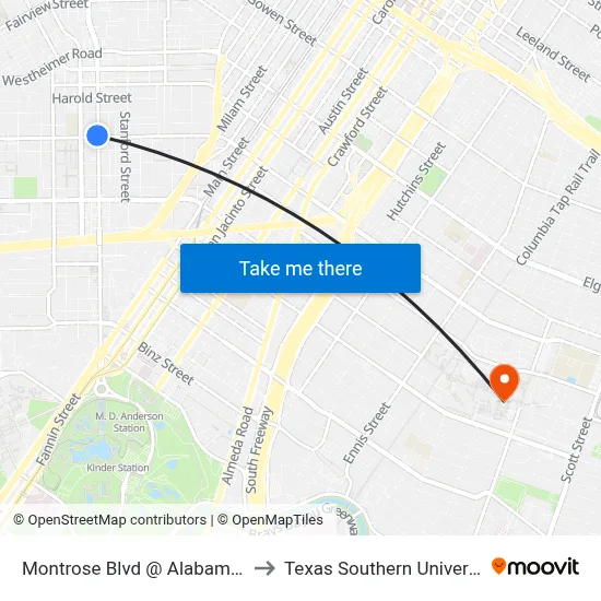 Montrose Blvd @ Alabama St to Texas Southern University map