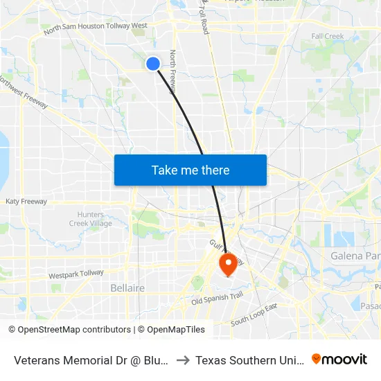 Veterans Memorial Dr @ Blue Bell Rd to Texas Southern University map