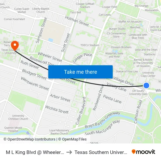 M L King Blvd @ Wheeler St to Texas Southern University map
