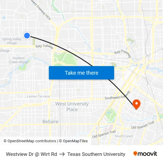 Westview Dr @ Wirt Rd to Texas Southern University map