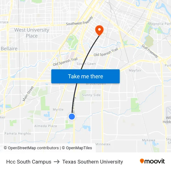 Hcc South Campus to Texas Southern University map