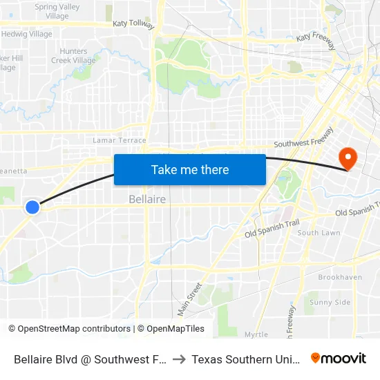 Bellaire Blvd @ Southwest Freeway to Texas Southern University map