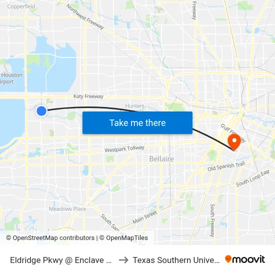 Eldridge Pkwy @ Enclave Pkwy to Texas Southern University map