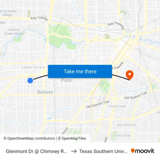 Glenmont Dr @ Chimney Rock Rd to Texas Southern University map