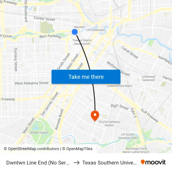 Dwntwn Line End (No Service) to Texas Southern University map
