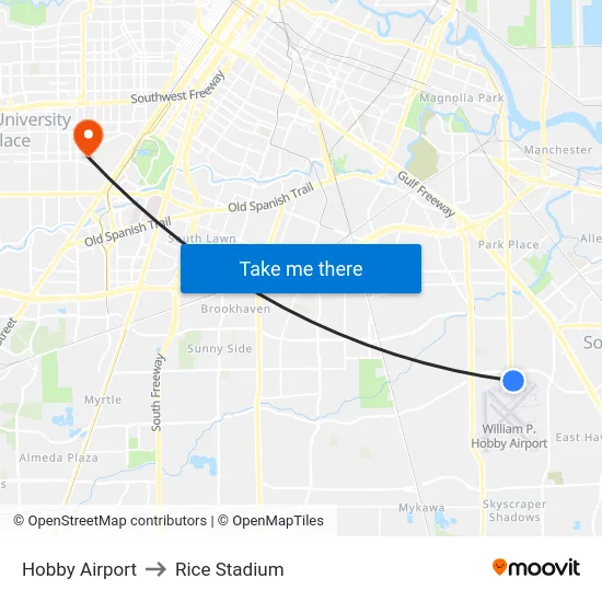 Hobby Airport to Rice Stadium map