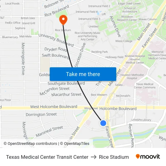 Texas Medical Center Transit Center to Rice Stadium map
