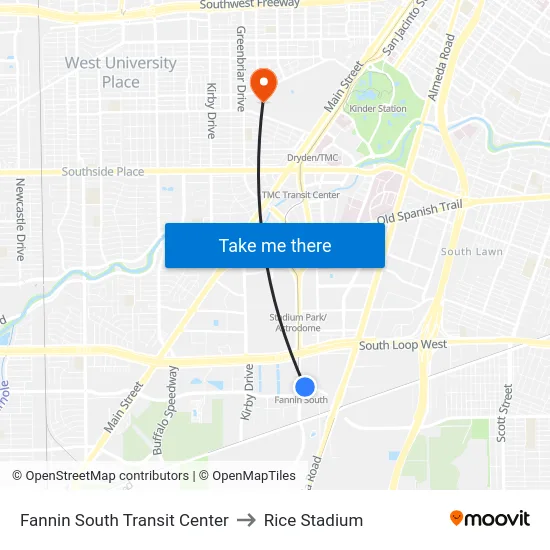 Fannin South Transit Center to Rice Stadium map