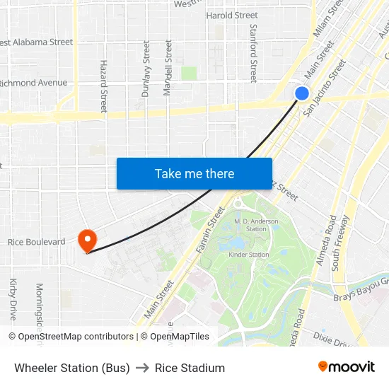Wheeler Station (Bus) to Rice Stadium map