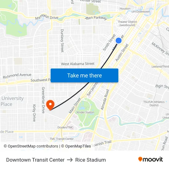 Downtown Transit Center to Rice Stadium map