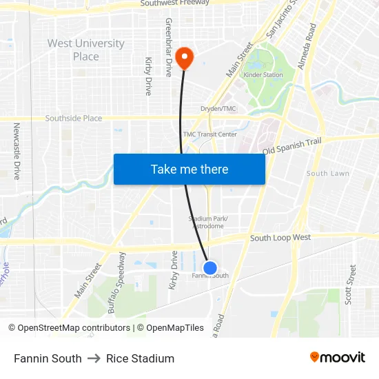 Fannin South to Rice Stadium map