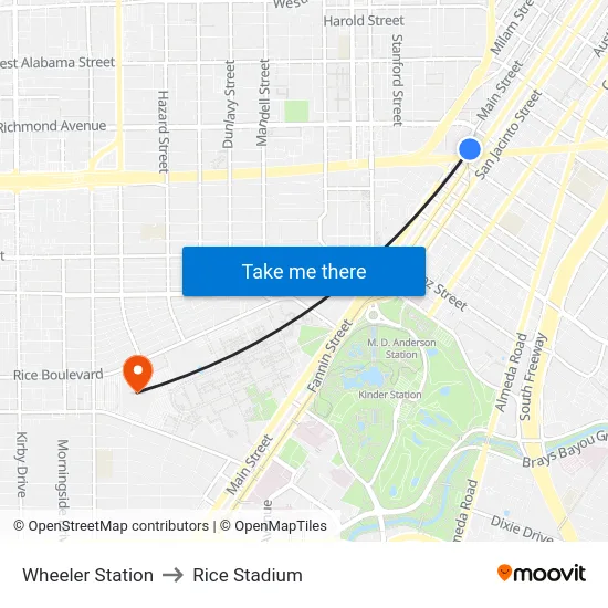 Wheeler Station to Rice Stadium map