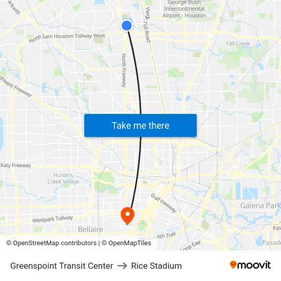 Greenspoint Transit Center to Rice Stadium map