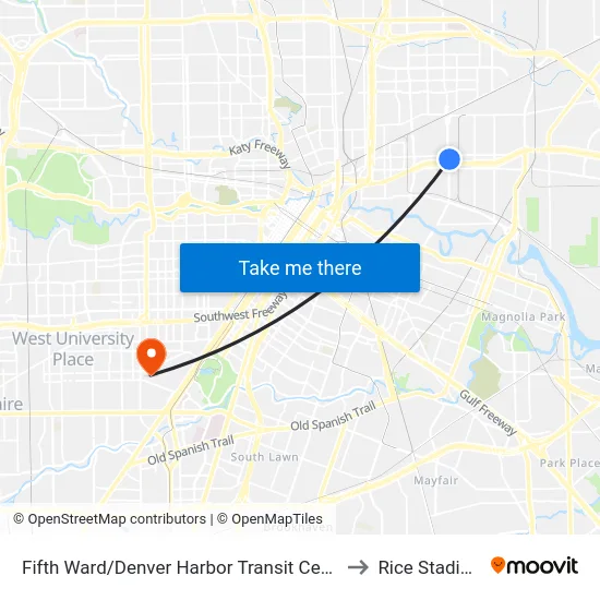 Fifth Ward/Denver Harbor Transit Center to Rice Stadium map