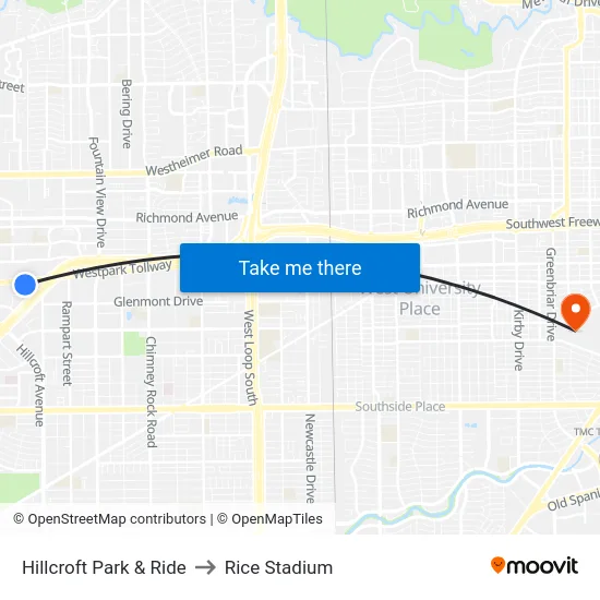 Hillcroft Park & Ride to Rice Stadium map