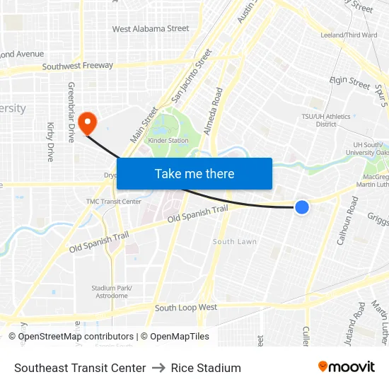 Southeast Transit Center to Rice Stadium map