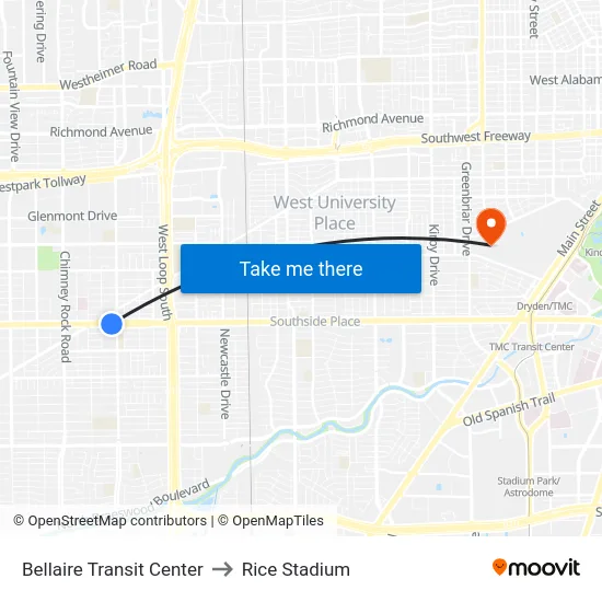 Bellaire Transit Center to Rice Stadium map