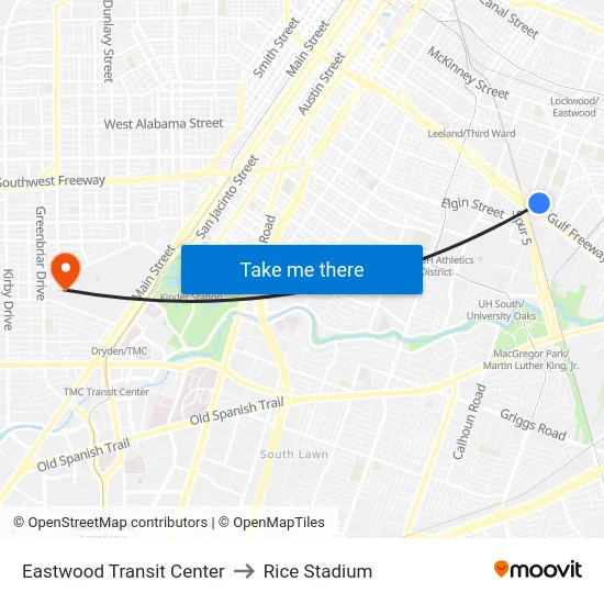 Eastwood Transit Center to Rice Stadium map