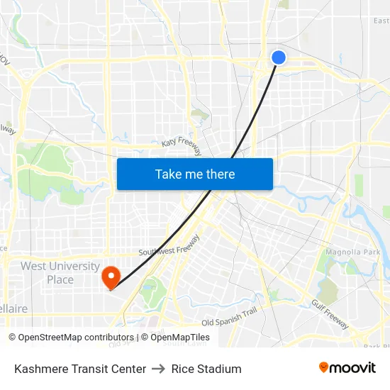Kashmere Transit Center to Rice Stadium map