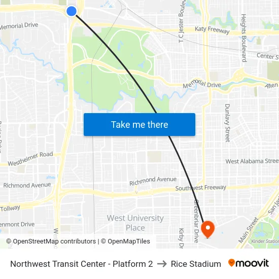 Northwest Transit Center - Platform 2 to Rice Stadium map