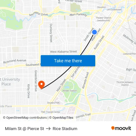 Milam St @ Pierce St to Rice Stadium map