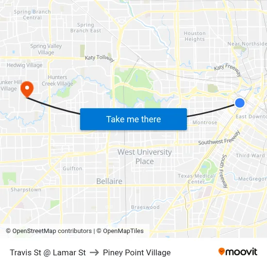 Travis St @ Lamar St to Piney Point Village map