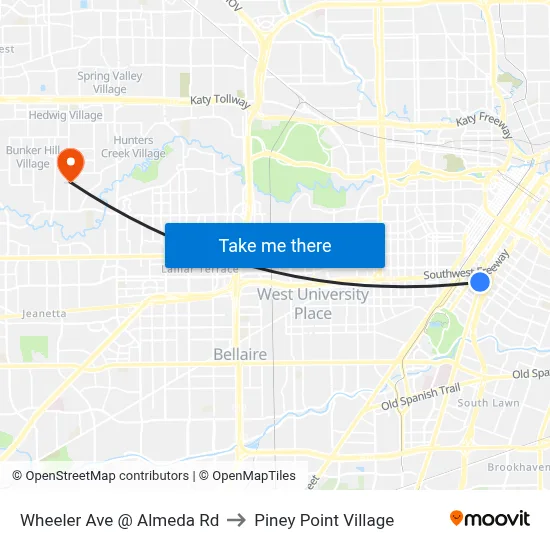 Wheeler Ave @ Almeda Rd to Piney Point Village map
