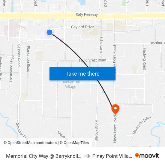 Memorial City Way @ Barryknoll Ln to Piney Point Village map