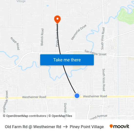 Old Farm Rd @ Westheimer Rd to Piney Point Village map
