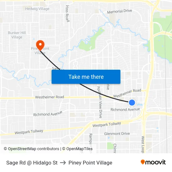 Sage Rd @ Hidalgo St to Piney Point Village map