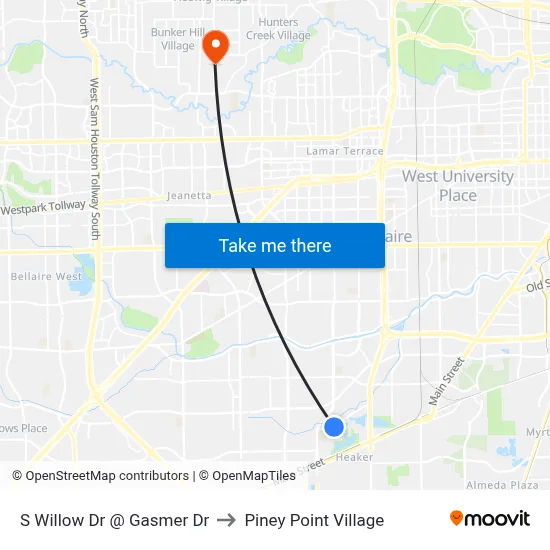 S Willow Dr @ Gasmer Dr to Piney Point Village map