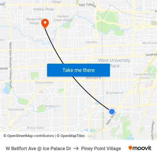 W Bellfort Ave @ Ice Palace Dr to Piney Point Village map
