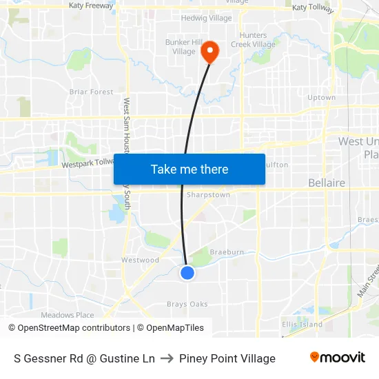 S Gessner Rd @ Gustine Ln to Piney Point Village map