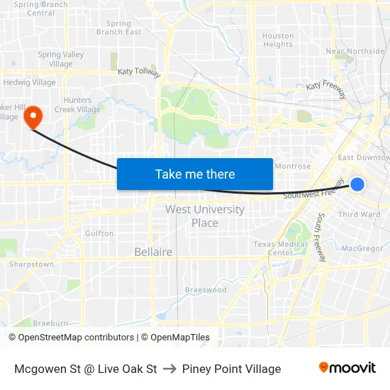 Mcgowen St @ Live Oak St to Piney Point Village map