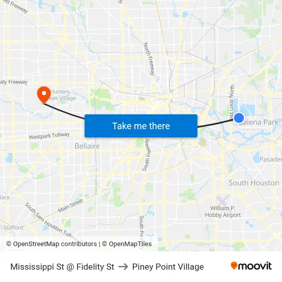 Mississippi St @ Fidelity St to Piney Point Village map