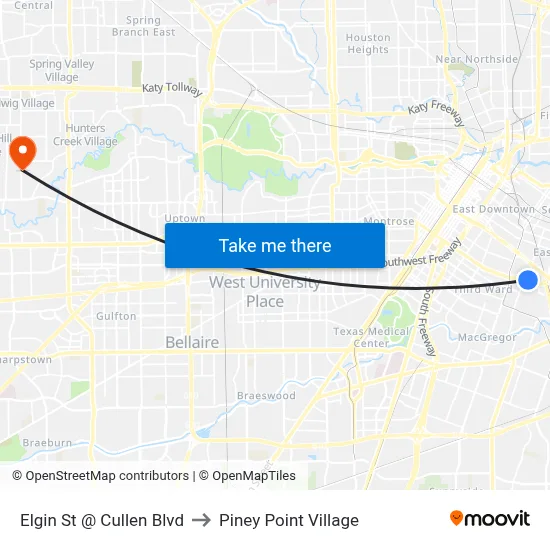 Elgin St @ Cullen Blvd to Piney Point Village map
