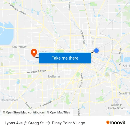 Lyons Ave @ Gregg St to Piney Point Village map