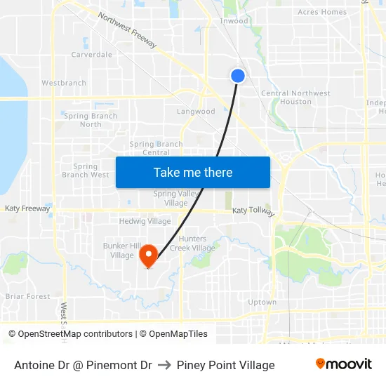 Antoine Dr @ Pinemont Dr to Piney Point Village map