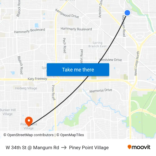 W 34th St @ Mangum Rd to Piney Point Village map